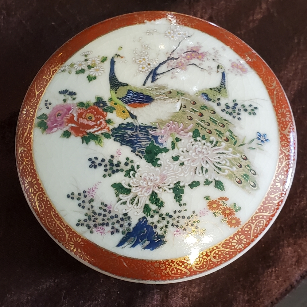 Vintage Satsuma Japanese peacock trinket box orange and gold trim